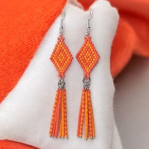 #147 HAND CRAFTED Earrings handcrafted handmade orange fringes geometric diamond